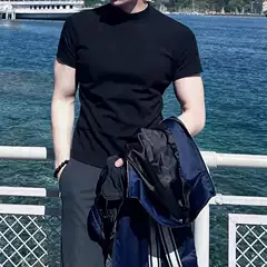 New Heavyweight Slim Fit Black Short Sleeve T-Shirt Men Summer Premium Stretch Small Neckline Cuffed Sleeves Half Sleeve