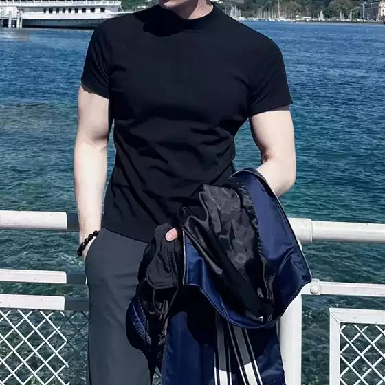 New Heavyweight Slim Fit Black Short Sleeve T-Shirt Men Summer Premium Stretch Small Neckline Cuffed Sleeves Half Sleeve