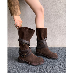 Boots Maillard Travel Wear Summer Belt Buckle Stack Boots Western Cowboy Boots High Barrel Scrap Boots Women