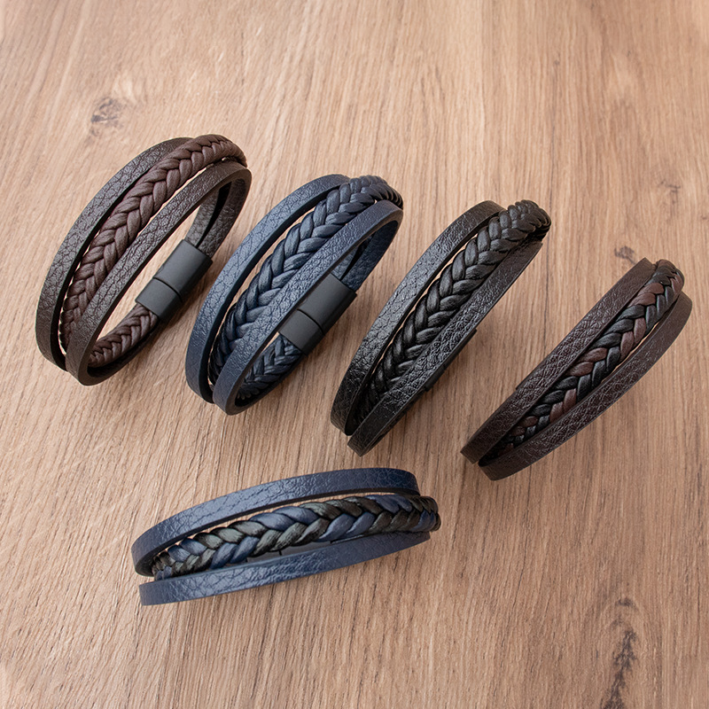 Cross-Border Retro Braided Leather Bracelet Alloy Magnetic Buckle Bracelet Fashion Casual Leather Rope Style Leather Bracelet for Men