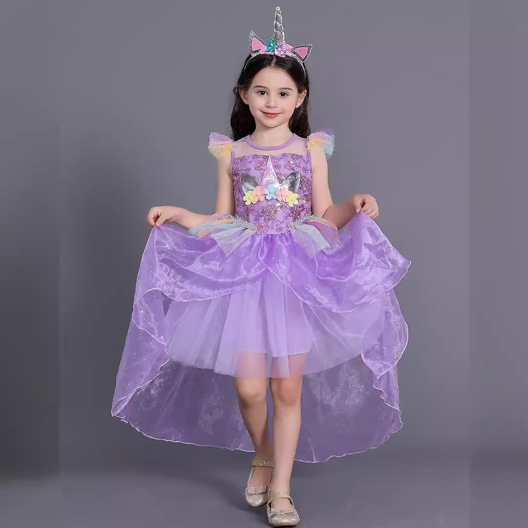 2021 Summer Cool Polaroid Princess Dress Children's Unicorn Rainbow Long and Short Girls' Dress Cross-border New