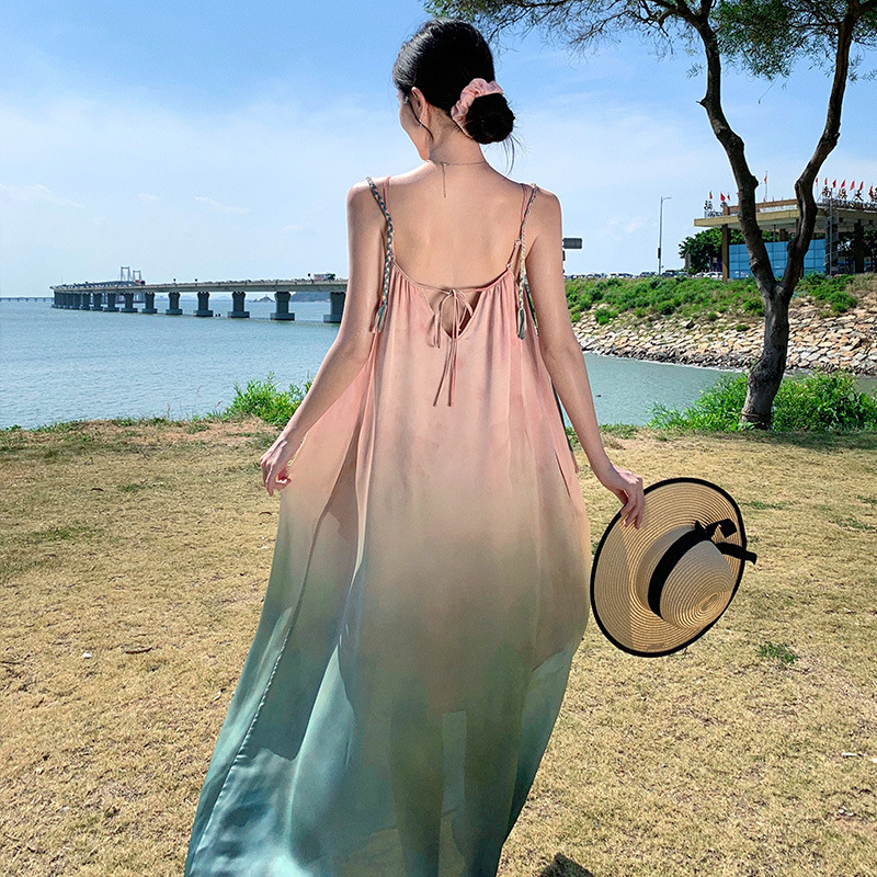 海南三亜海辺リゾートスタイルグラデーションスパンコールドレス女性の夏新中国風ルーズドーパミンロングスカート|undefined