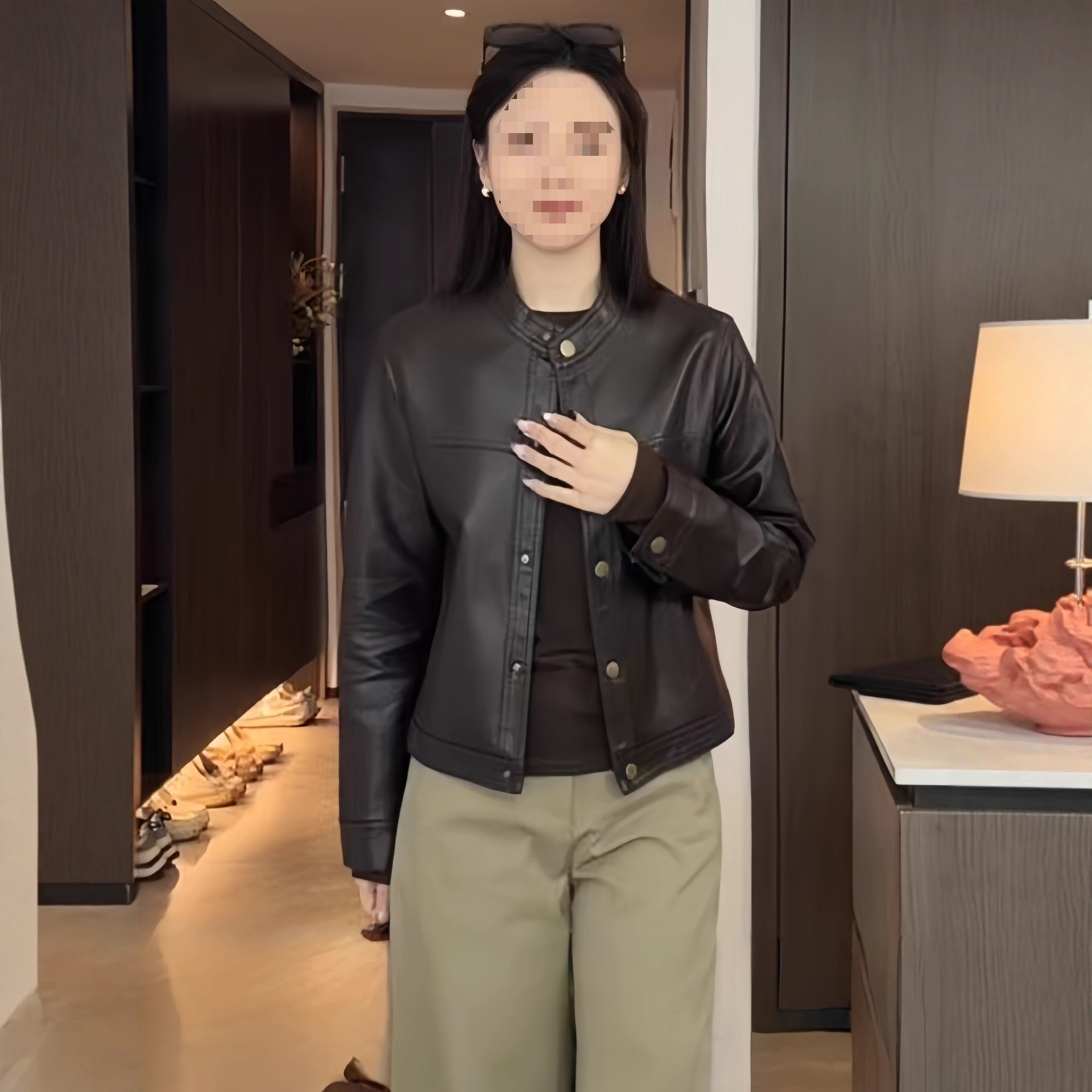 American Retro Long-Sleeved Stand-Up Collar Leather Jacket for Women Autum New Versatile Pu Leather Jacket Amazon Elegant Top