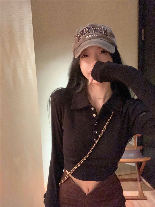 法式气质POLO领长袖短款T恤女秋新款修身显瘦辣妹内搭打底衫上衣|undefined