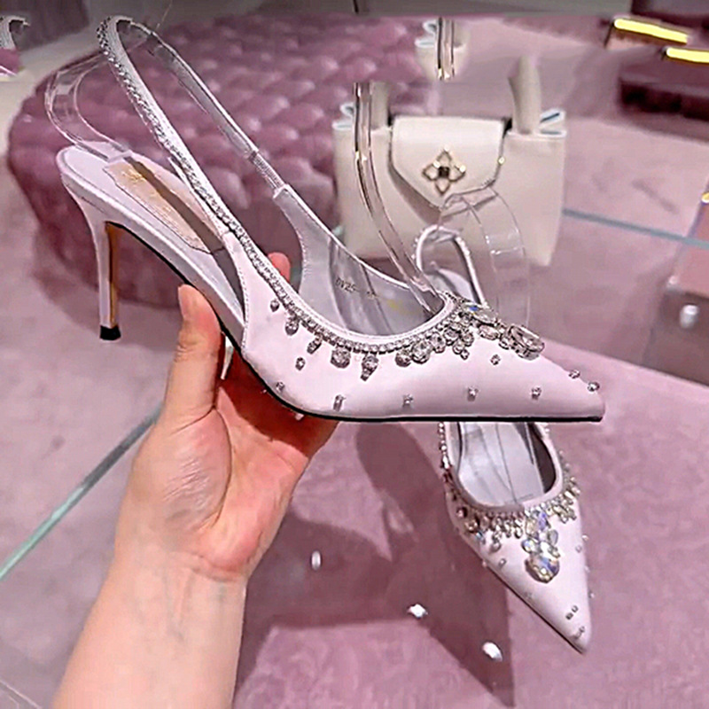 海外款水钻凉拖鞋新款尖头高跟婚鞋包头水晶包头凉鞋仙女风时尚鞋