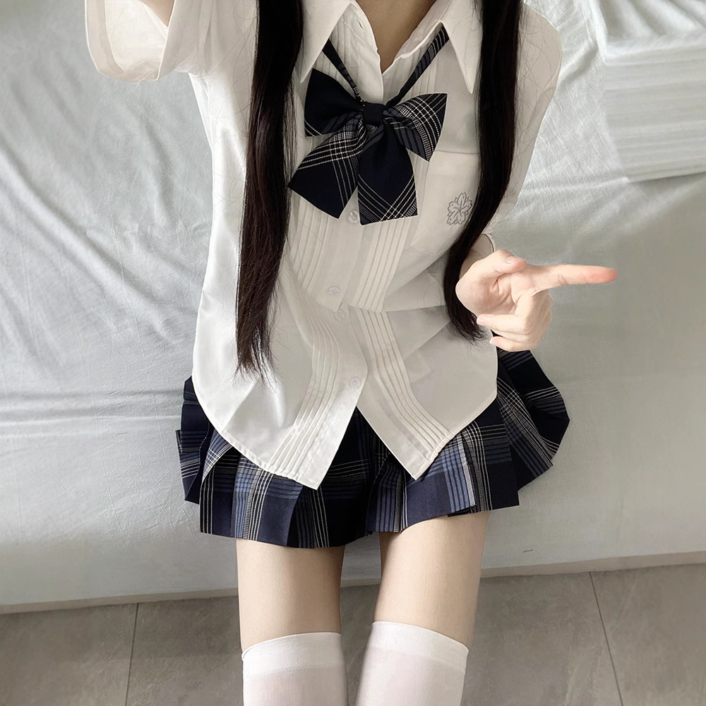 THORNY RABBIT 오리지널 JK 우미 사쿠라 반팔 셔츠 일본 제복 대학 스타일 사키 체크 무늬 스커트 아코디언 플리츠 셔츠 가을, 겨울