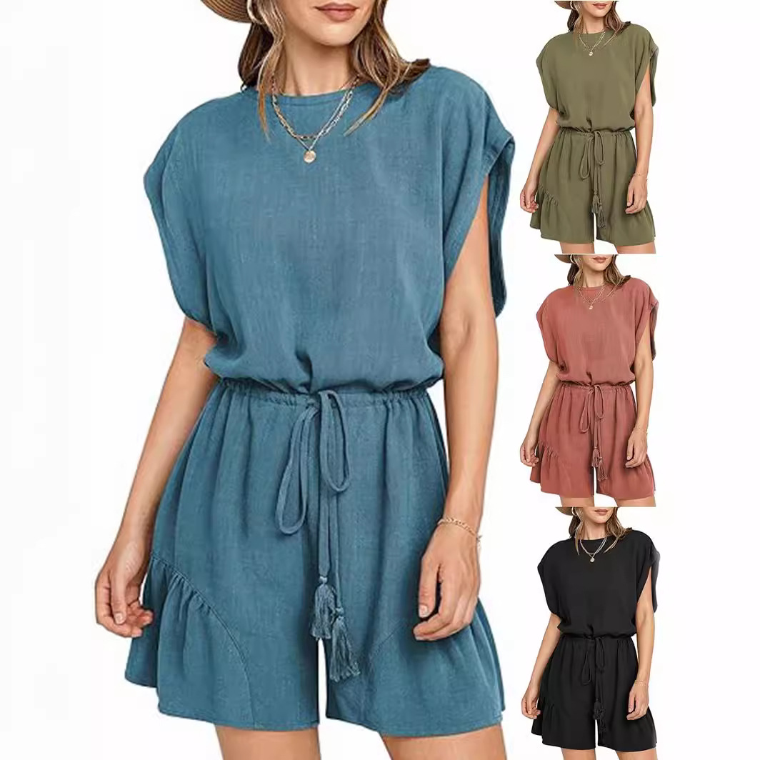 2024 European and American Cross-border Amazon Summer New Cotton and Linen Jumpsuit Loose Casual Waist Short-sleeved Jumpsuit for Women