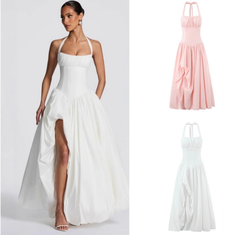 Foreign Trade French Romantic Slit Asymmetrical Bubble Halterneck Princess Dress Fishbone Waist High-End Dress Dress Foreign Trade French Romantic Slit Asymmetrical Bubble Halterneck Princess Dress Fishbone Waist High-End Dress Dress