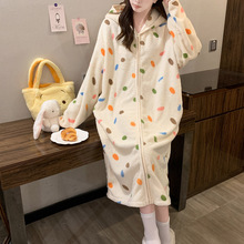 波点半边绒睡袍女款秋冬季加绒加厚大码甜美冬天款长袖睡衣家居服