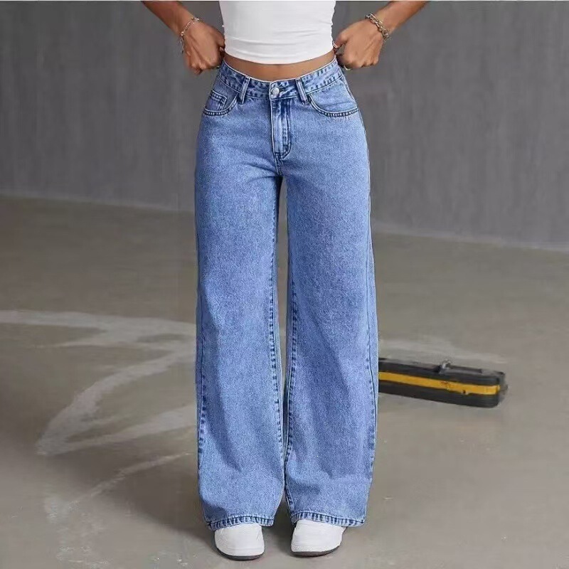 High-waisted, loose-fitting black straight-leg jeans for women, wide-leg, flowing, floor-length pants