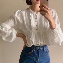 韩国chic秋季减龄复古温柔甜美减龄褶皱小花边系扣纯欲圆领衬衫女