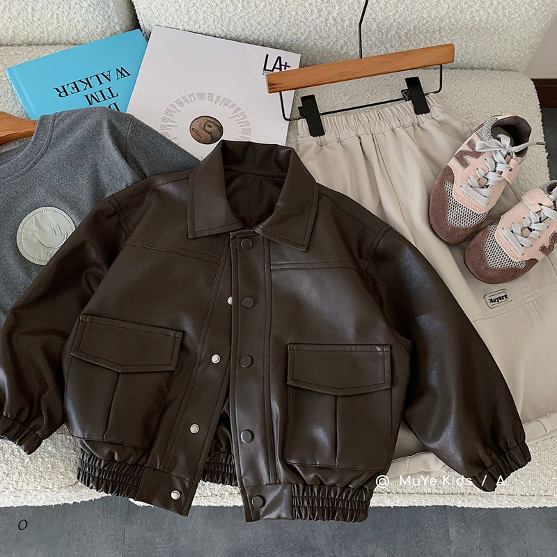 Muye Spring Leather Jacket Huzhou Zhirui Children's Clothing Boys' Korean Style Solid Color Lapel Jacket Baby Versatile Jacket