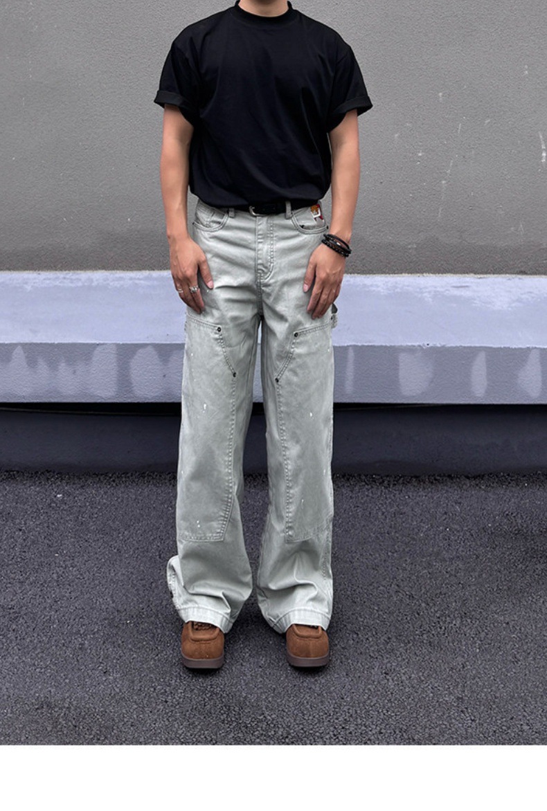 American Retro Patchwork Jeans Straight Leg Casual Trendy Unisex_voghion.com