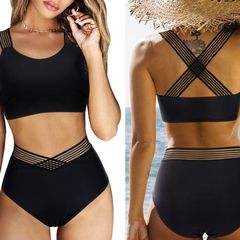 2023新款歐美泳衣跨境比基尼性感純色分體泳衣抹胸後背交叉bikini