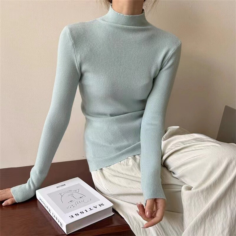 Women's half turtleneck candy-colored sweater autumn and winter New slim fit inner sweater Western style simple knitted bottoming shirt for women Women's half turtleneck candy-colored sweater autumn and winter New slim fit inner sweater Western style simple knitted bottoming shirt for women