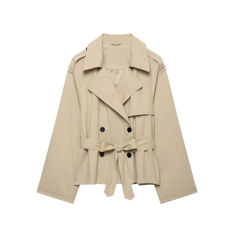 MYST&ZA autumn new women's clothing with belt, long-sleeved, lapel, shoulder-padded short trench coat jacket 6318233