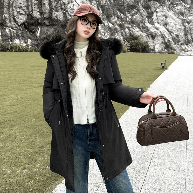 2025 invierno extraíble sombrero para superar el nuevo estilo de mujer de estilo largo y medio con camisa de algodón gruesa y delgada chaqueta de algodón