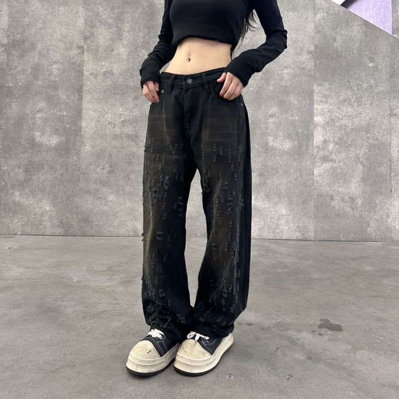美式潮牌猫抓破洞牛仔裤男女款黑色复古宽松直筒显瘦休闲阔腿裤子|undefined