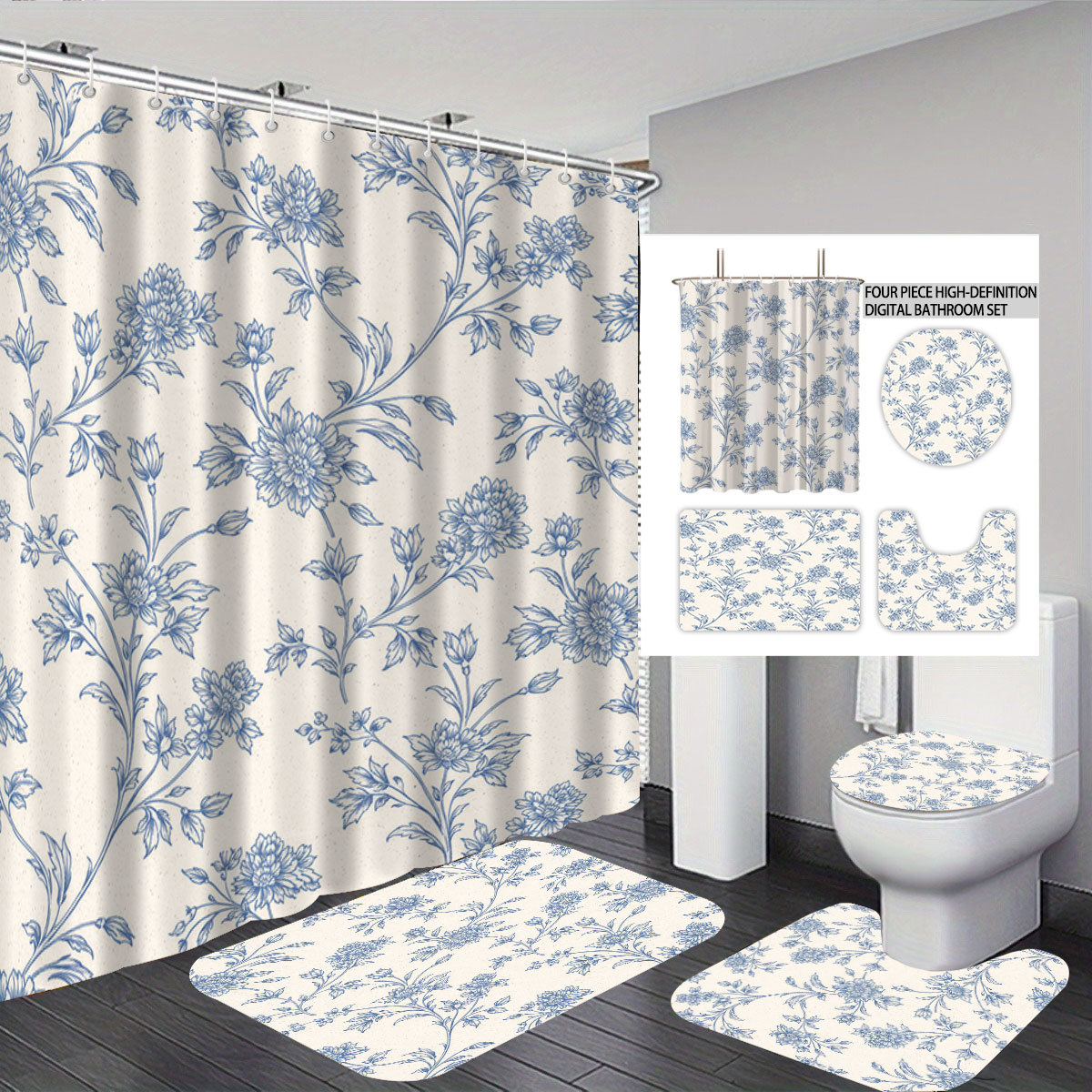 Cortina de baño de cuatro piezas de poliéster impresión digital 3D mariposa sin perforación separación seca y húmeda cortina de baño impermeable image 7