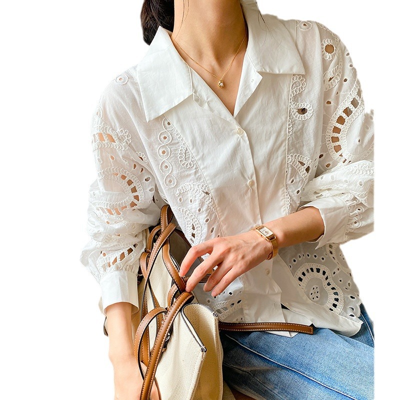 2025 primavera nuevo estilo camisa bordada francesa diseño de manga larga sentido de las mujeres europeas y americanas transfronterizas mujeres estilo señoras camisa blanca