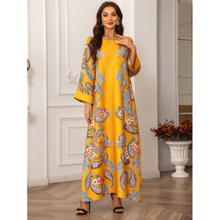 2405 Middle Eastern European and American Cross-Border Muslim Women's Robe Round Neck Home Dress Long-Sleeved Floral Hot Diamond Beading