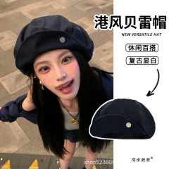 港风黑色贝雷帽女春秋大脸显脸小百搭画家帽大头围云朵八角帽子潮