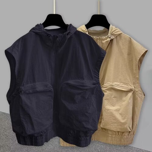 Pure Color Workwear Sleeveless T-Shirt for Men, Summer Korean Version Fashion Loose 3D Pockets Design Cardigan Backless Vest