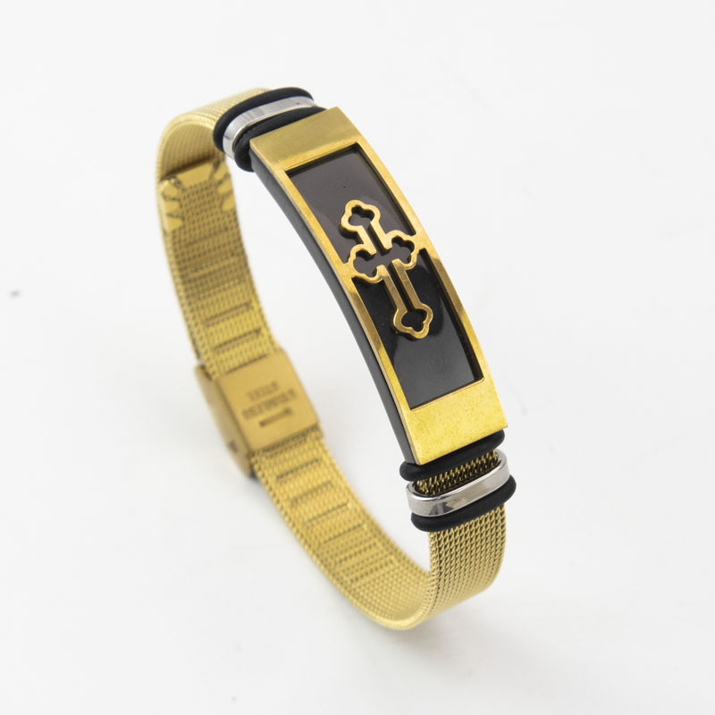 Factory Direct Sales Cross-Border Popular Stainless Steel Gold-Plated Personalized Fashion Versatile Men's Cross Bracelet Wholesale Jewelry