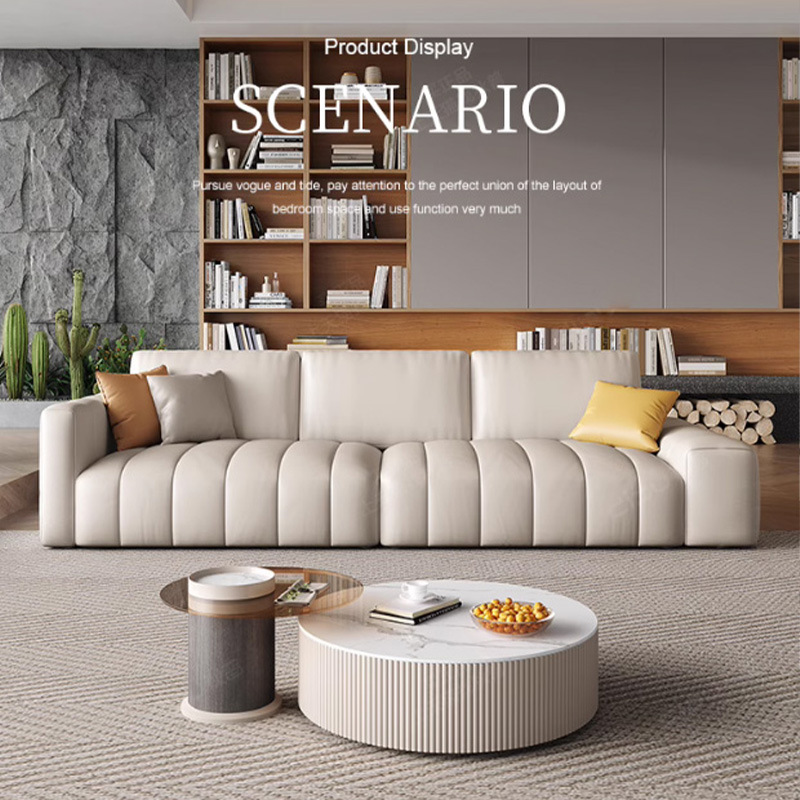 Estilo italiano Luz de lujo estilo crema primera capa de sofá de piel de vaca apartamento grande y pequeño abajo esponja suave cubierta de acero piano clave sofá de cuero
