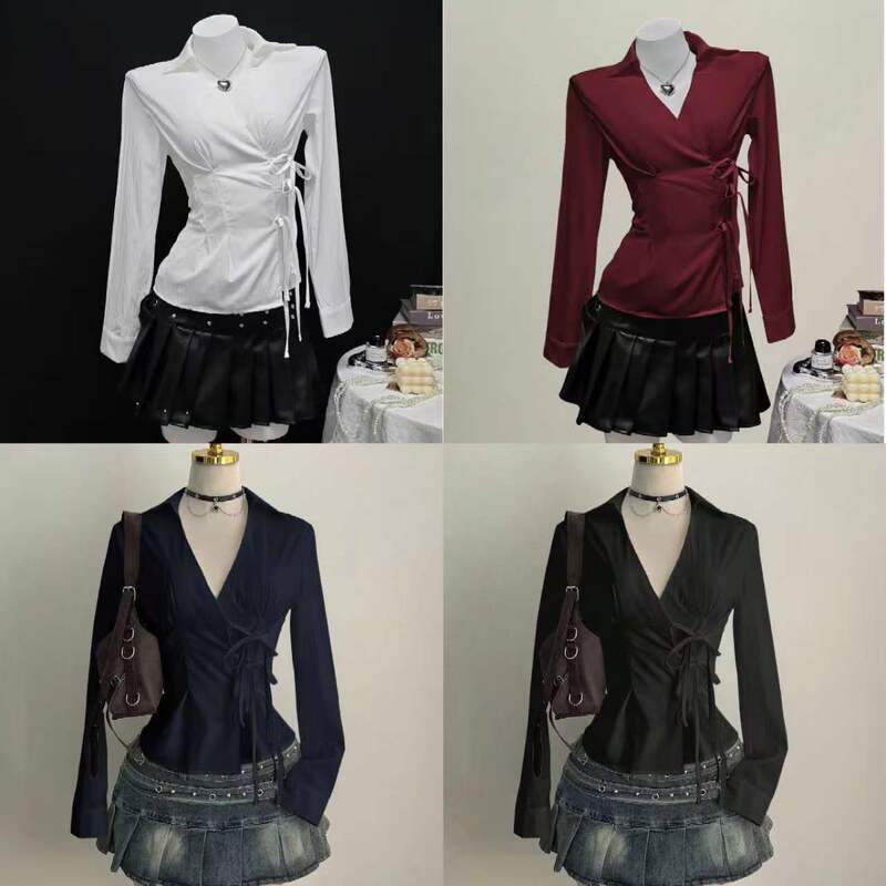 E1 in Stock-95117 # European and American Cross-Border Foreign Trade Casual Versatile Stylish Waist-Cinching Design Solid Color Women's Shirt E1 in Stock-95117 # European and American Cross-Border Foreign Trade Casual Versatile Stylish Waist-Cinching Design Solid Color Women's Shirt