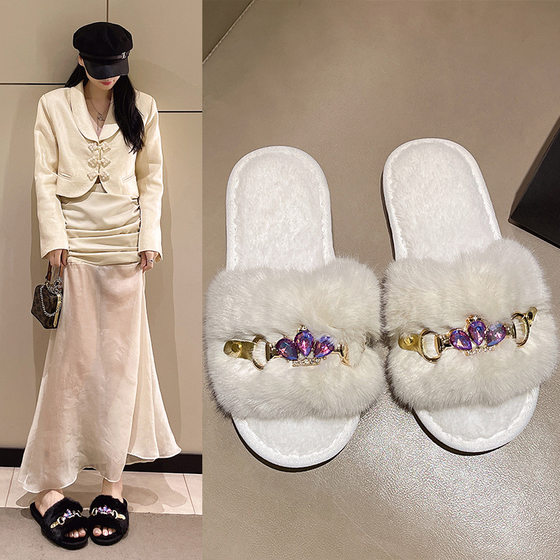 Foreign trade cross-border home crystal chain padded Mao Mao slippers ladies autumn and winter cotton slippers warm one-word slippers manufacturers