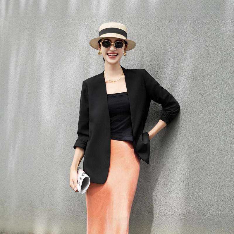 Acetate Satin Linen Buttonless Collarless Blazer for Women Summer Thin Elegant Slimming Look Three-Quarter Sleeve Single Layer Outer Wear
