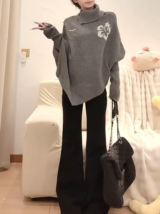 Peasluna韩系花朵不规则斗篷高领毛衣小众高级感针织衫秋冬上衣女|undefined