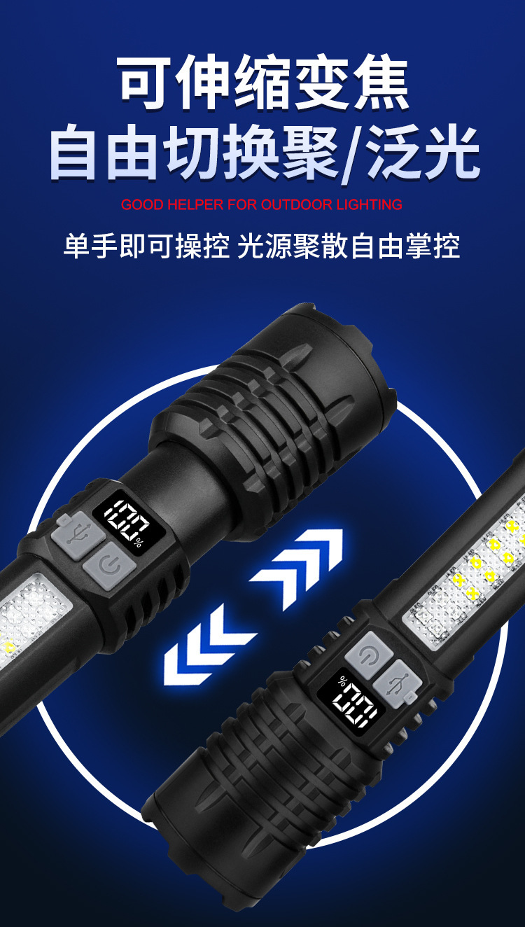 Cross-Border Best-Selling Patrol Flashlight, Telescopic, Focus-Adjustable, Waterproof, Rechargeable, Outdoor, Ultra-Bright, Long-Range, Multi-Functional Flashlight
