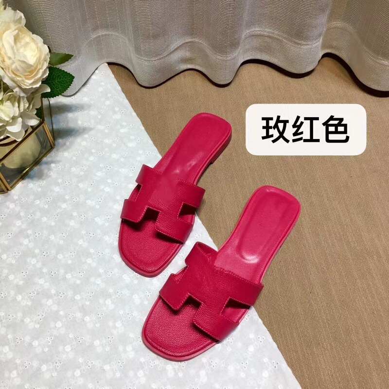 外贸经典款H家拖鞋女夏季高版本休闲一字型羊皮平底拖鞋批出货快|undefined