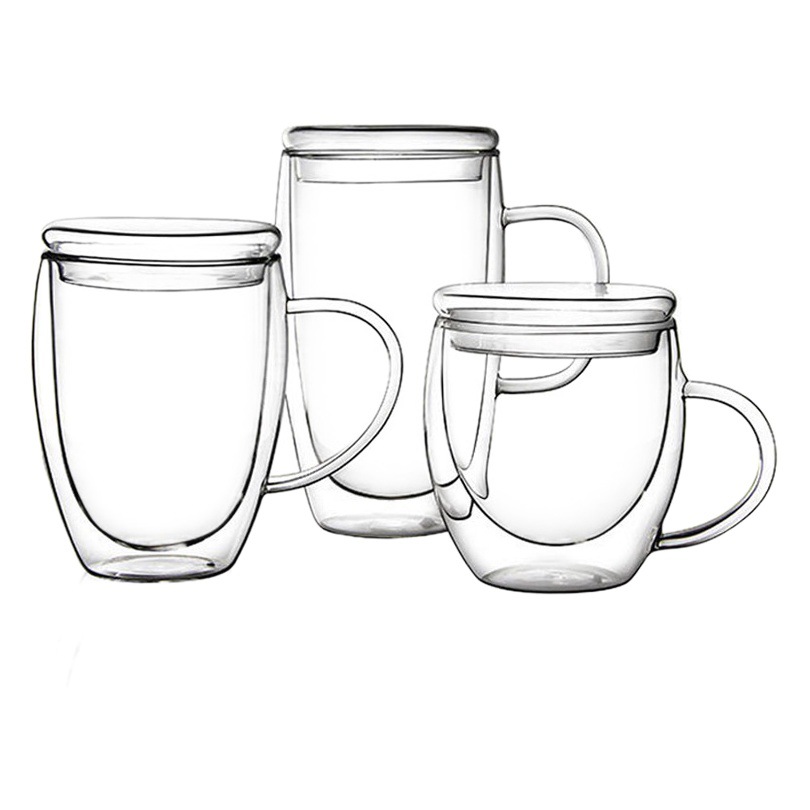 Taza de doble capa de vidrio Taza transparente de doble capa con tapa de mango Venta caliente transfronteriza taza de café caliente Taza de leche de doble capa Taza