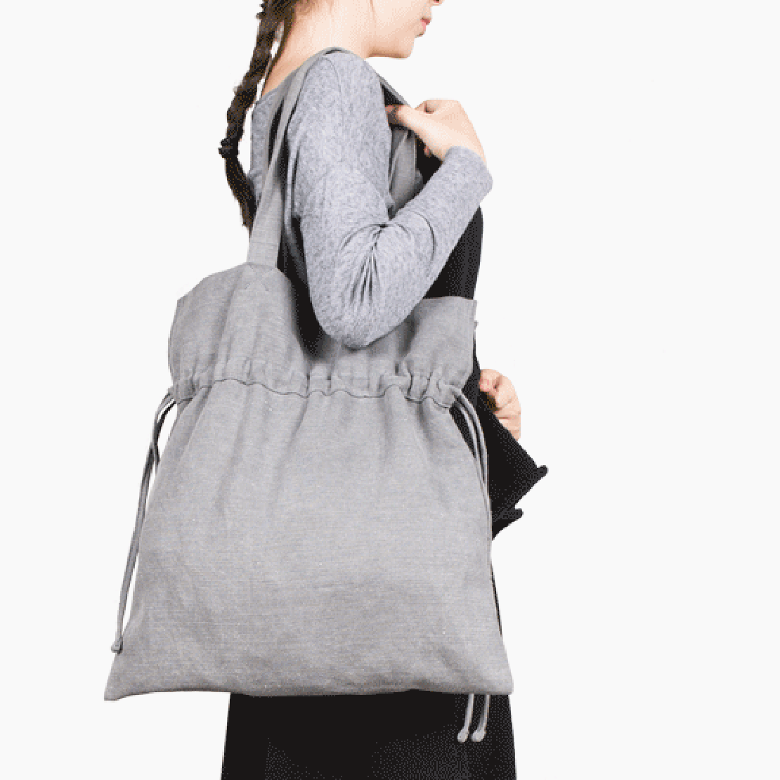 韩版简约帆布手提袋 女士时尚帆布通勤包 纯色双边抽绳束口手提袋