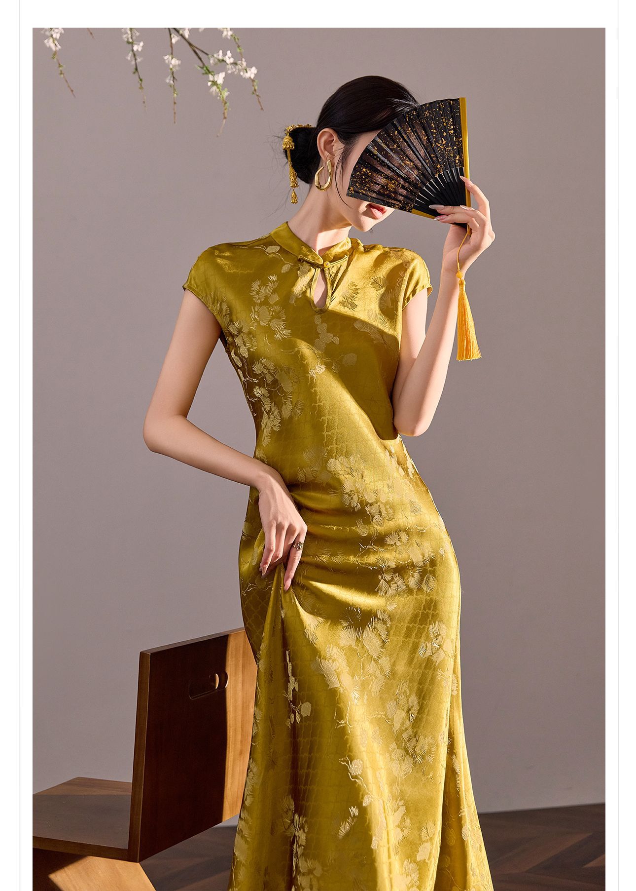 Váy suông midi không tay thêu họa tiết quốc phong cải tiến mùa hè — vàng, màu xanh bạc hà, Bột quế chi tiết 39