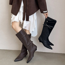 2025年秋冬新款小个子不过膝长靴女尖头时尚气质百搭中跟高筒靴子