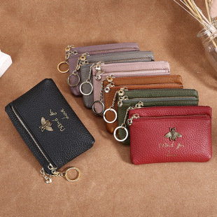 First Layer Cowhide European and American Little Bee Women's Zipper Genuine Leather Coin Purse Genuine Leather Key Ring Bag Mini Coin Bag