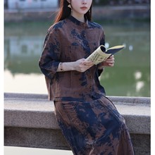 夏季新款新中式国风复古上衣半裙两件套女士100%桑蚕丝香云纱套装