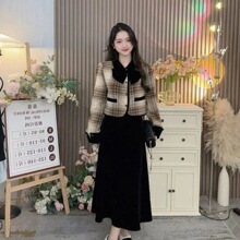 小香风套装裙女早春季蝴蝶结毛呢格纹夹棉外套高级感小洋装两件套