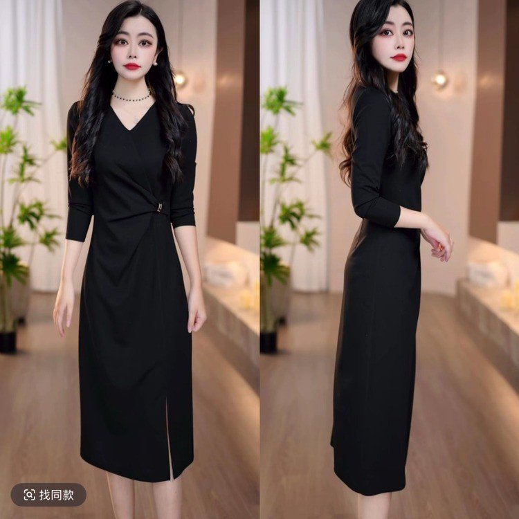一件代发原版面料2025秋季款时尚v领法式气质减龄百搭女装连衣裙|undefined