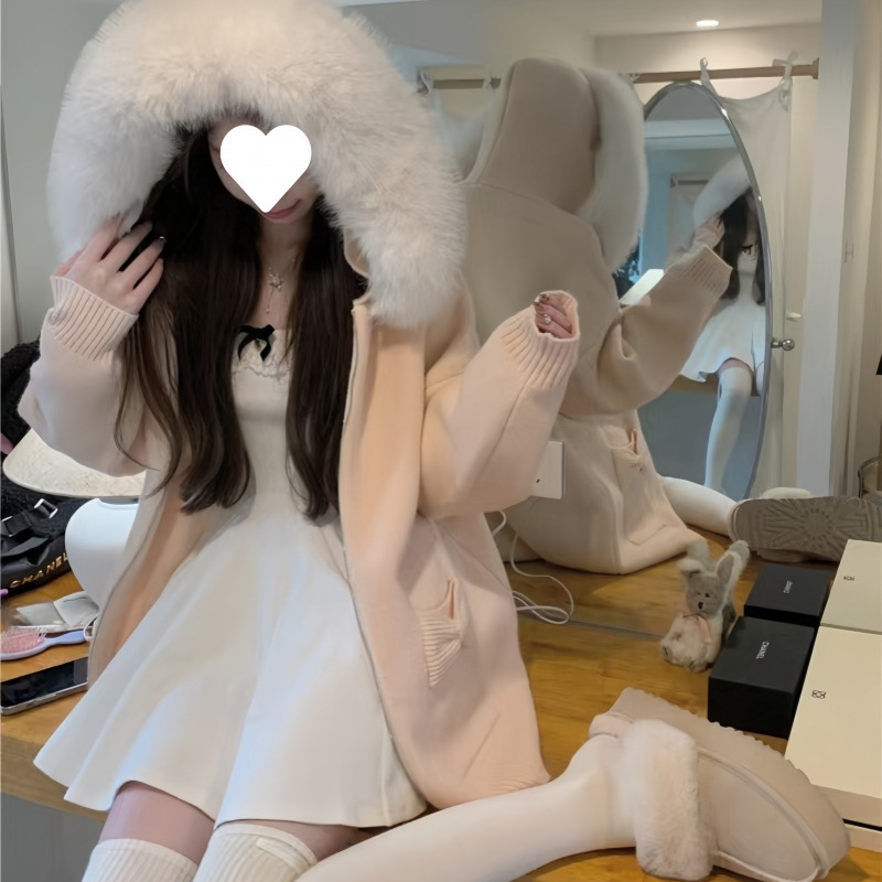 美拉德毛领连帽长袖毛衣外套女冬季新款时尚洋气加厚保暖针织开衫|undefined