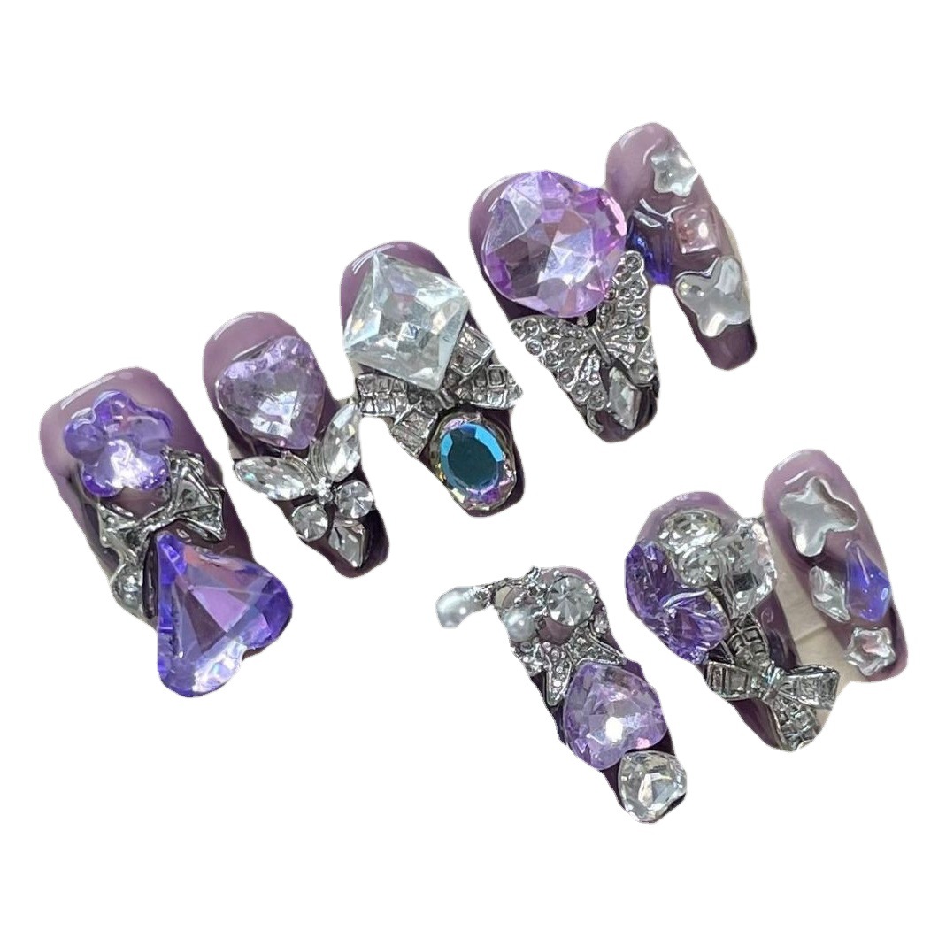 Estilo de la industria pesada mariposa oscura alas de metal tridimensional completo diamante hecho a mano manicura largo falso clavo parche producto terminado