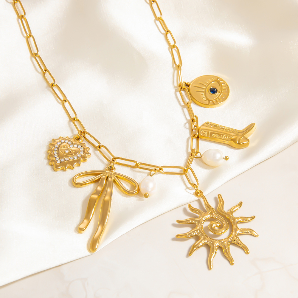 All Seasons Season Women's Gender PVD Coated Real Gold Plated 18K Gold Sun Heart Shape Bow Knot 304 Stainless Steel Elegant Streetwear Waterproof Non Tarnish 304 Stainless Steel Multi Charms Necklace