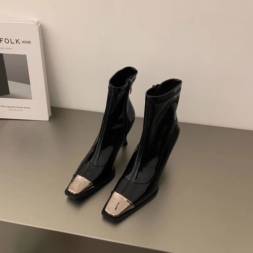 Metal Head Short Boots Women's Fine Heel High Heels Bare Boots Autumn Winter Elastic Boots Soft Leather Slim Boots