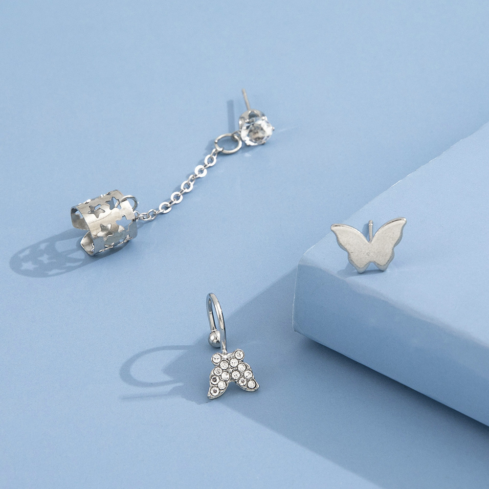 Simple Glossy Butterfly Sliver Alloy Stud Earrings Hollow Chain Ear Clip 3 Piece Set display picture 7