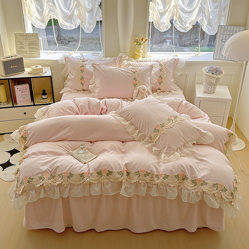 Korean Style Washed Cotton Bed Four-Piece Set Girl's Heart Bed Skirt Bed Sheet Bed Hat Princess Style Lace Four-Piece Set