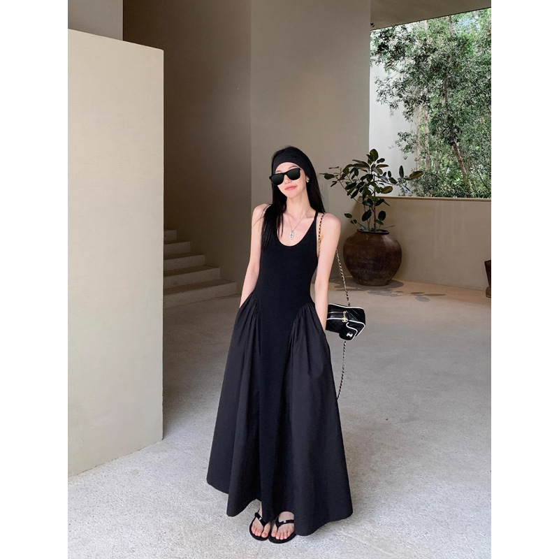 Ouyang Stitching Sling dress Women's Spring Waist Slimming Sleeveless A- line Long Dress Slim-fit Long Skirt